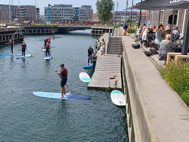 Paddleboards på kanalen i Kanalbyen i Fredericia